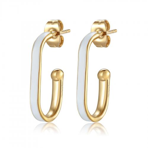 Orecchini dorati ovali serie Vibes con smalto bianco