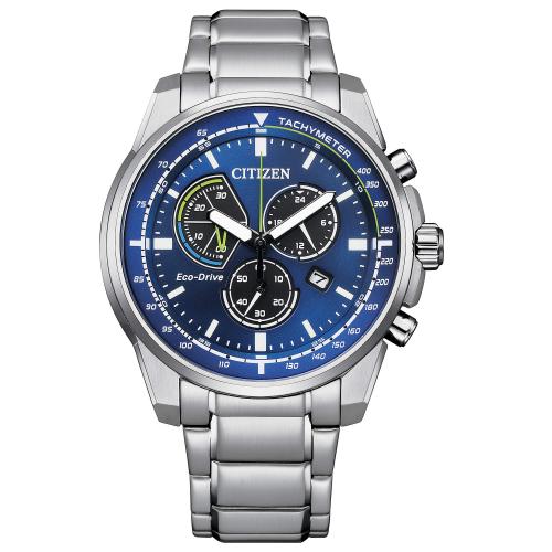 Cronografo Eco-Drive in acciaio, quadrante blu
