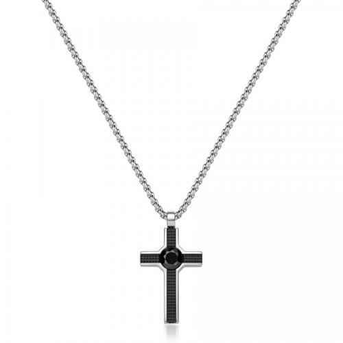 Collana serie Proud con croce acciaio/PVD nero e cristallo