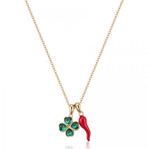 Collana dorata serie Feelings con quadrifoglio verde e cornetto rosso