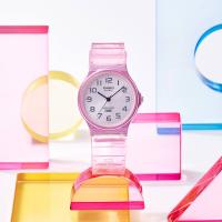 Orologio analogico in resina, rosa, traslucido